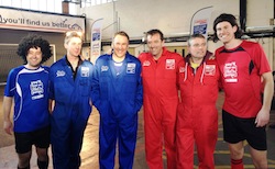 From left to right, Hairy Striker - James (Rocket) Long, Freddy Ash, Paul Merson, Matt Le Tissier, Mark Gibson and Hairy Striker - David Morgan
