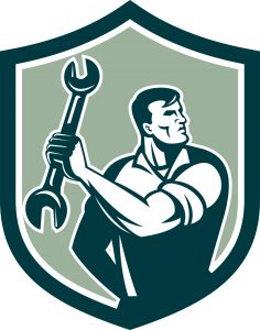 Illustration of a mechanic clinching holding spanner wrench looking to the side set inside shield crest on isolated background done in retro style.